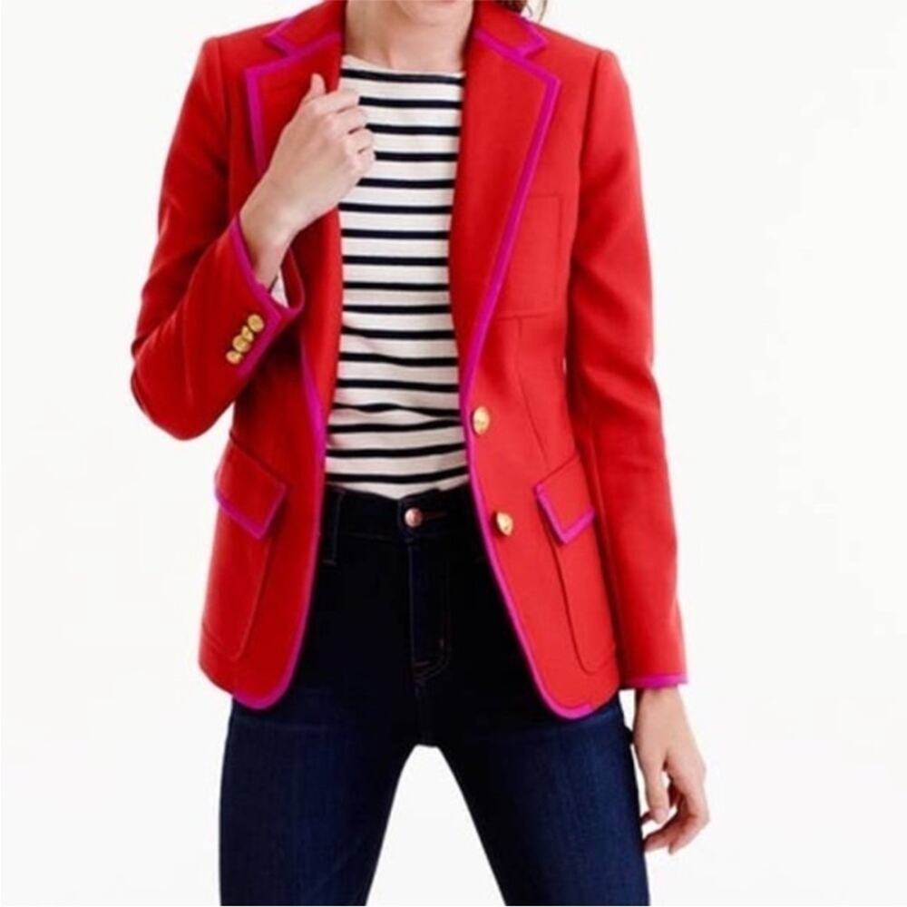 J. Crew | RARE ✨ Red With Hot Pink tipped Trim Wool Rhodes Blazer Size 4 - Picture 3 of 9